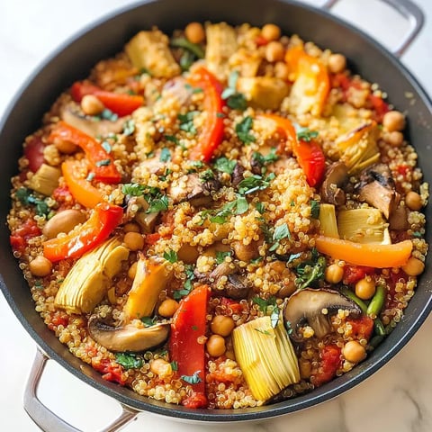 A colorful quinoa dish with red and yellow peppers, artichokes, mushrooms, chickpeas, and herbs, cooked in a dark skillet.