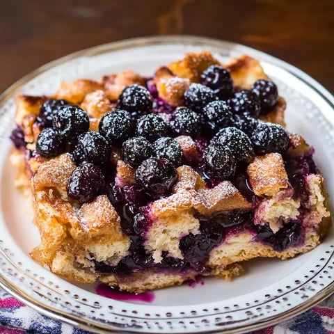 A slice of blueberry bread pudding topped with fresh blueberries and dusted with powdered sugar is served on a decorative plate.