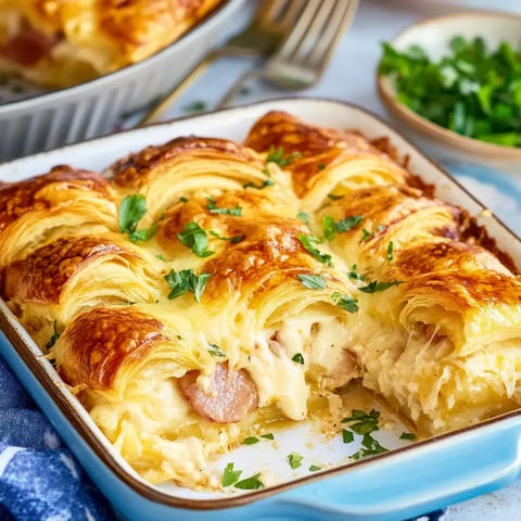 A freshly baked dish of golden, flaky pastry filled with creamy sauce and sliced ham, garnished with parsley.