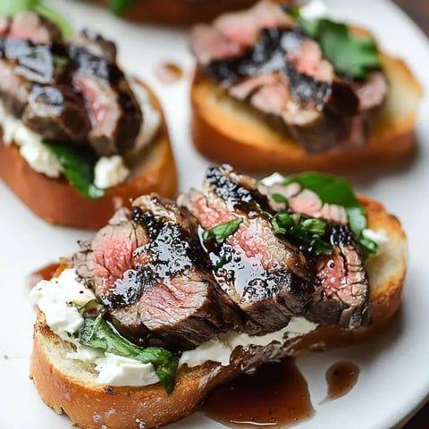 A close-up of toasted bread topped with sliced grilled steak, greens, and a drizzle of sauce.