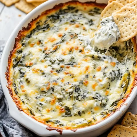 A creamy spinach and cheese dip is being served with a cracker for dipping, showing a golden-brown, bubbly surface.