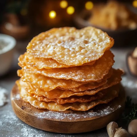 A stack of golden, crispy pastries dusted with powdered sugar on a wooden platter, with a blurred background.