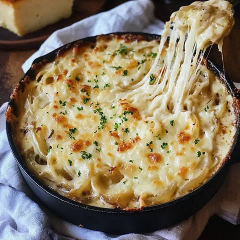 A creamy, cheesy pasta dish is served in a black skillet, with melted cheese stretching as it is lifted, and garnished with green parsley.