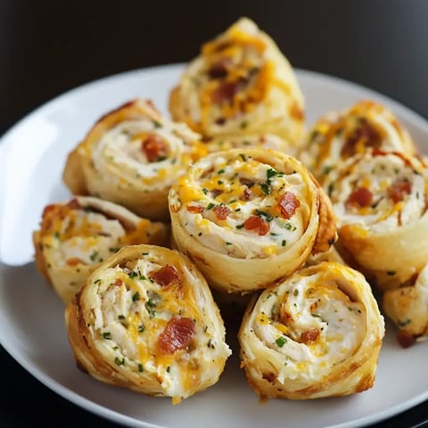 A plate of spiraled pastry rolls filled with cheese, bacon, and herbs.