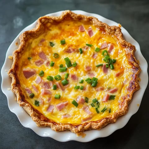 A baked quiche with a golden crust, filled with eggs, diced ham, and topped with chopped green onions.