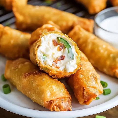 A plate of golden-brown spring rolls filled with creamy cheese and chopped green peppers, with one roll cut open to reveal its filling.