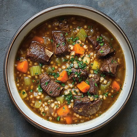 A bowl of hearty beef stew featuring chunks of beef, carrots, celery, and barley, garnished with fresh parsley.