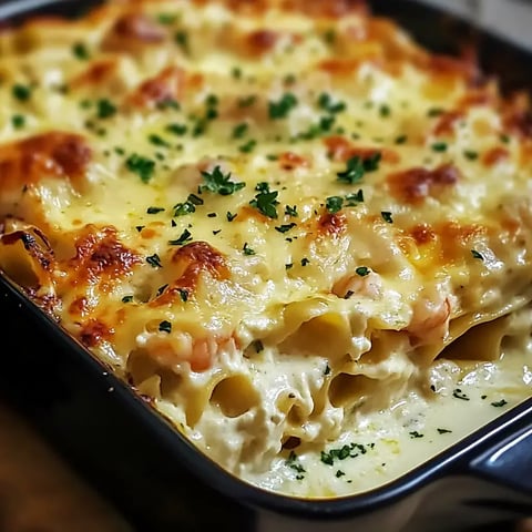 A close-up of a baked pasta dish topped with melted cheese and garnished with parsley.