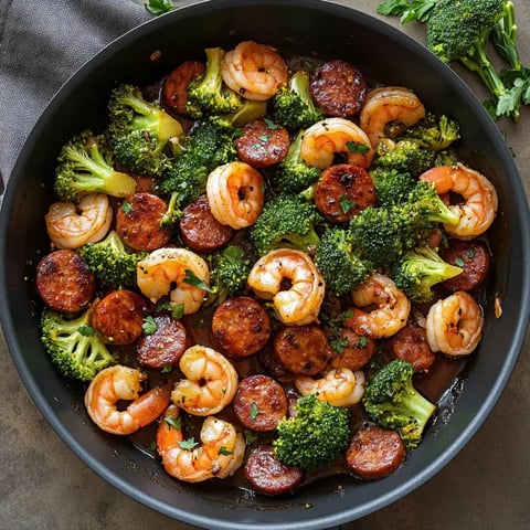 A skillet filled with sautéed shrimp, sausage slices, and broccoli, garnished with parsley.