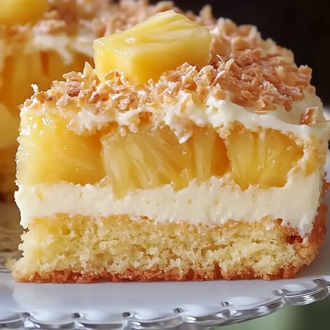 A slice of layered cake featuring pineapple chunks, cream, and toasted coconut on top.