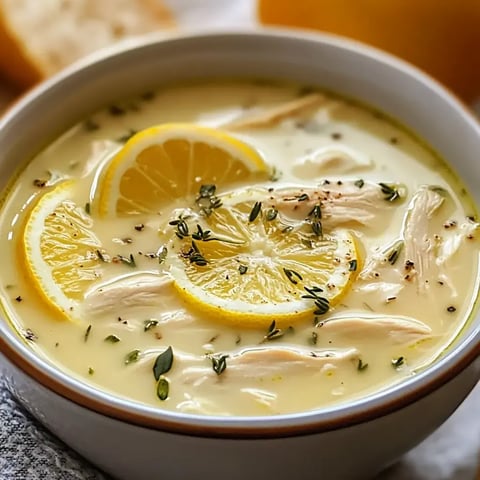 A bowl of creamy chicken soup garnished with slices of lemon and fresh thyme.