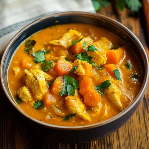 A bowl of chicken and vegetable stew garnished with fresh parsley.