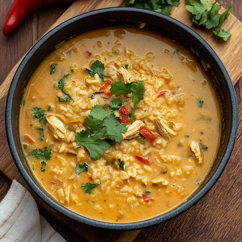 A bowl of creamy chicken rice soup garnished with cilantro and red bell pepper, served on a wooden board.