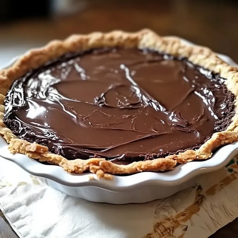 A close-up of a chocolate pie with a glossy, smooth topping resting in a fluted white pie dish.