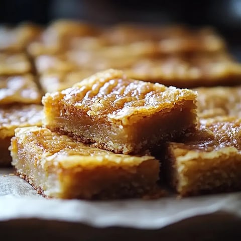 A close-up of golden brown dessert squares arranged on parchment paper, showcasing a chewy, caramel-like texture.