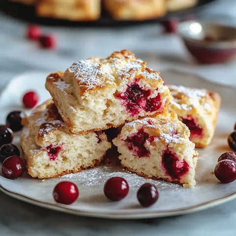 A plate holds freshly baked cranberry scones dusted with powdered sugar, with some whole cranberries scattered around.