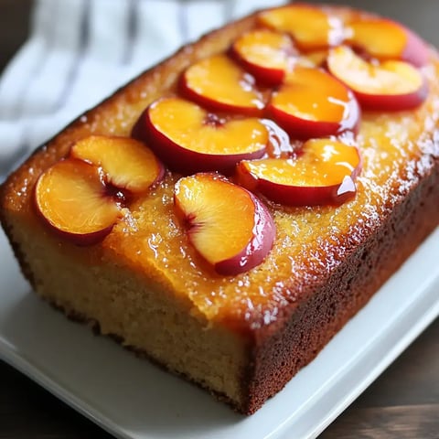 A sliced cake topped with shiny, orange and red peach slices sits on a white plate.