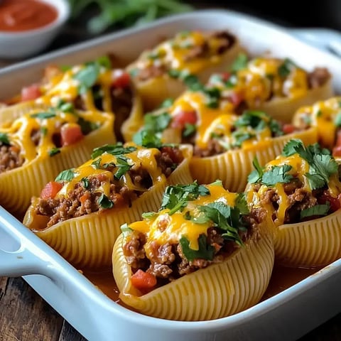 A close-up of a baking dish filled with stuffed pasta shells topped with ground meat, melted cheese, diced tomatoes, and fresh cilantro.