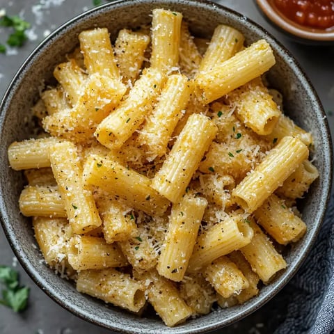 A bowl of rigatoni pasta topped with grated cheese and sprinkled with herbs, served with a side of marinara sauce.