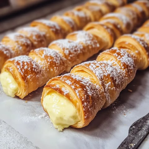 A visually appealing row of pastry rolls filled with creamy custard and dusted with powdered sugar.