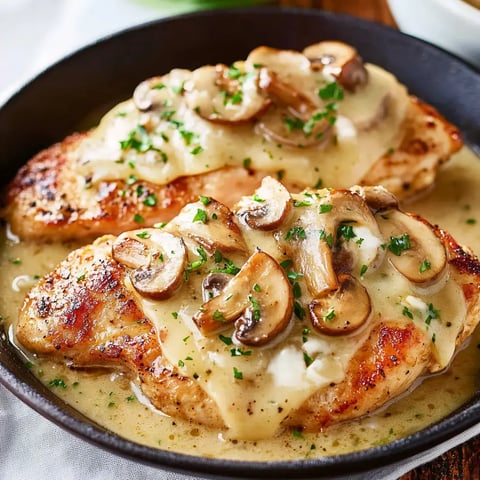 A close-up of two cooked chicken breasts topped with melted cheese, sautéed mushrooms, and parsley, served in a cast-iron skillet.