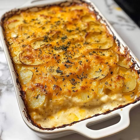 A golden-brown baked dish of scalloped potatoes topped with melted cheese and herbs in a white casserole dish.