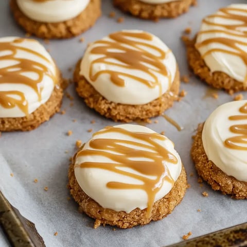 A close-up of round cookies with a creamy white topping drizzled with caramel sauce, placed on parchment paper.