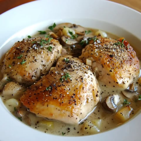 A bowl of creamy chicken thighs cooked with mushrooms and garnished with black pepper and herbs.