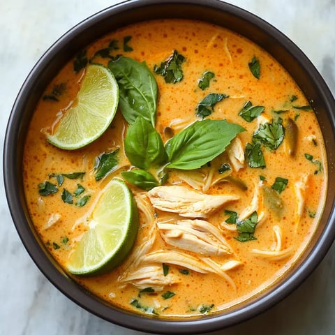 A bowl of creamy orange soup with shredded chicken, garnished with lime wedges and fresh basil leaves.