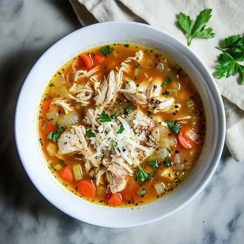 A bowl of chicken soup with shredded chicken, carrots, celery, and topped with grated cheese and fresh parsley.