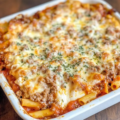 A cheesy pasta bake topped with ground meat and herbs in a white dish.