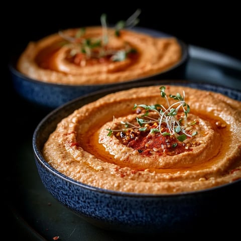Two bowls of hummus with sprouts on top.