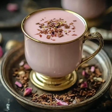 A cup of pink drink with chocolate sprinkles.
