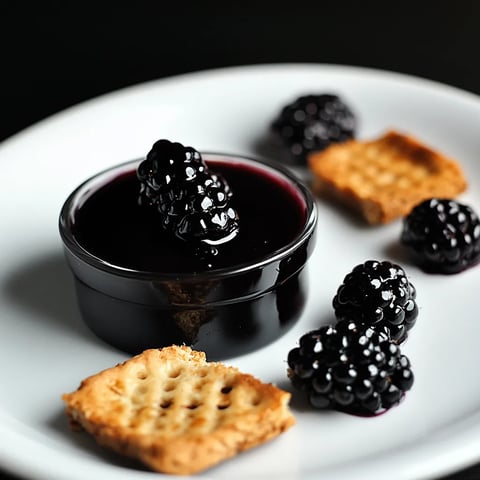 A plate of food with a blackberry sauce and a cookie.