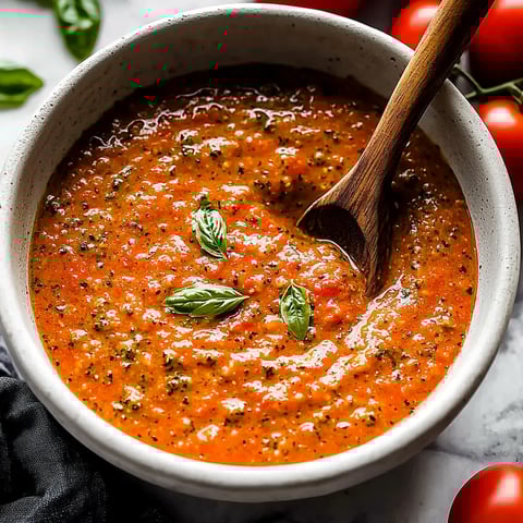 A bowl of soup with a spoon in it.
